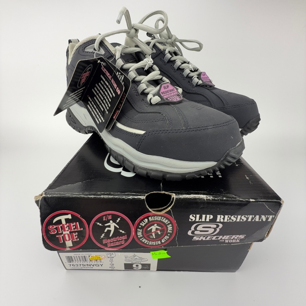 Skechers Work Energy Stratum Steel Toe Womens 9 Navy Grey Work Shoes 76379/NVGY
